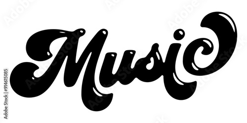 Word ‘Music’ written in stylized retro bubble script lettering