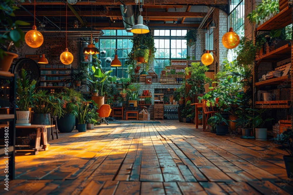 Sunlit Interior with Plants Wooden Floor and Hanging Lights Sunlit Interior with Plants Wooden Floor and Hanging Lights