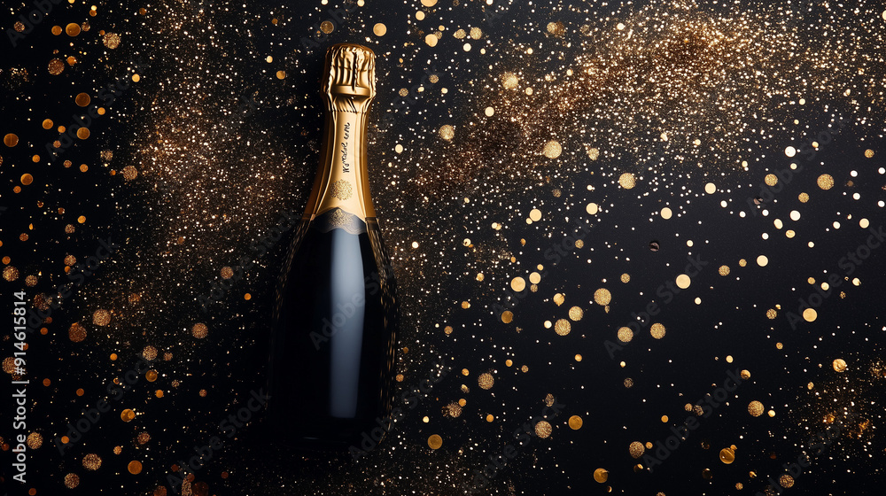 Fototapeta premium Champagne Bottle with Golden Glitter. Champagne bottle with dynamic golden glitter explosion on a black background.
