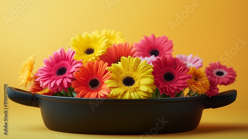 Bright Gerberas in a Dark Dish. Bright yellow and pink gerbera flowers in a dark oval dish on a yellow background. 