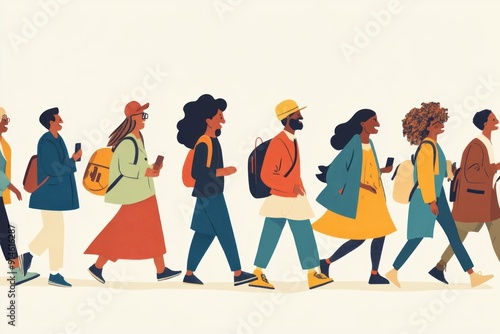 Group of diverse people of ethnicity walking together in harmony, inclusion, togetherness, diversity