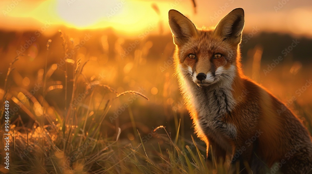 Fototapeta premium Close-up of a fox in a green field with golden sun rays and blue sky in the background