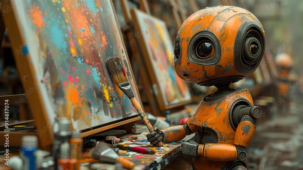 Robot painter in action - generative ai Robot painter in action - generative ai