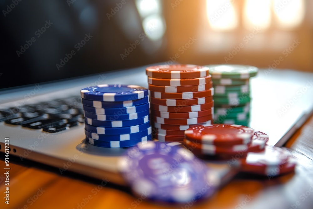 Laptop Keyboard with casino chips ,illustrating online gambling, virtual gambling Laptop Keyboard with casino chips ,illustrating online gambling, virtual gambling