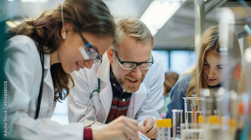 1. An educator and students engaged in activities within a science laboratory. 1. An educator and students engaged in activities within a science laboratory.