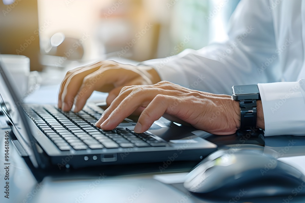Close-up of hands typing on a keyboard in an office background. Close up view of a man's hand typing on a computer keyboard at a work desk. A businessman writing a text message online. Close-up of hands typing on a keyboard in an office background. Close up view of a man's hand typing on a computer keyboard at a work desk. A businessman writing a text message online.
