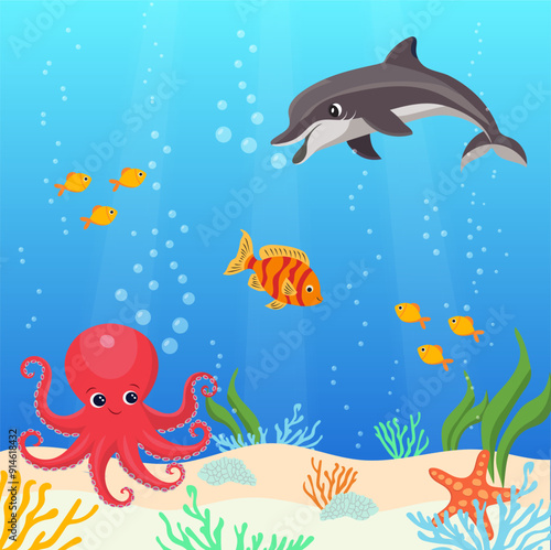 Octopus, dolphin and fish swim in the ocean. Colorful seabed. Underwater inhabitants of the sea.