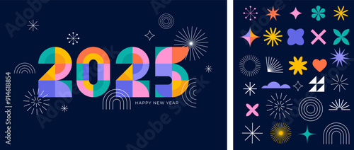 Happy New Year 2025. Geometrical modern style design, concept illustration, banner, poster and background