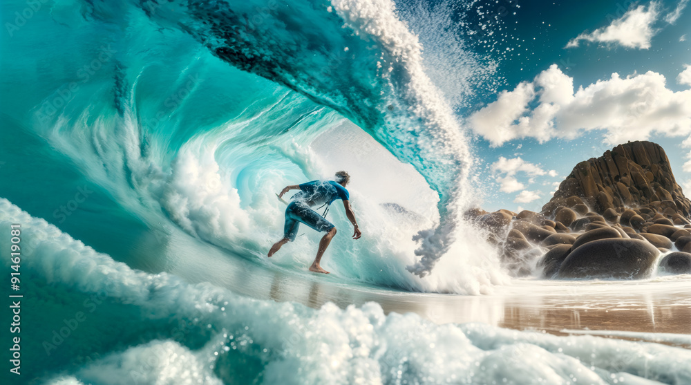 Naklejka premium Surfer Carves Through a Crystal-Clear Wave: Epic Surfing Action in a Tropical Paradise. Riding the Perfect Wave