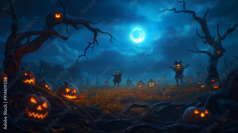 Spooky Halloween night scene with jack-o-lanterns and scarecrows, halloween Spooky Halloween night scene with jack-o-lanterns and scarecrows, halloween