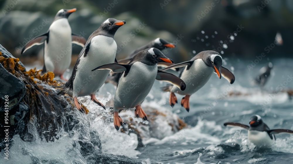Obraz premium Penguins diving off rock together into sea