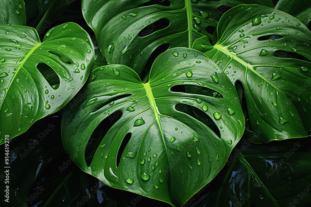 Fototapeta premium A macro shot of a giant green foliage with water droplets cascading off it against a backdrop of lush greenery