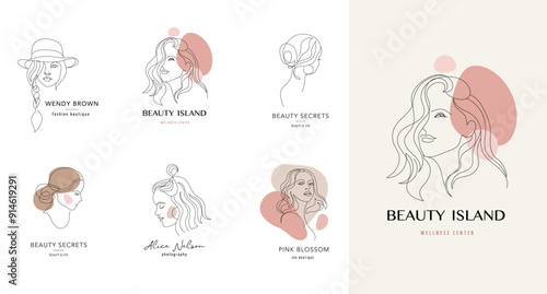 Vector logo and branding design templates in minimal style, for beauty center, fashion studio, haircut salon and cosmetics - female portrait, beautiful woman's face 