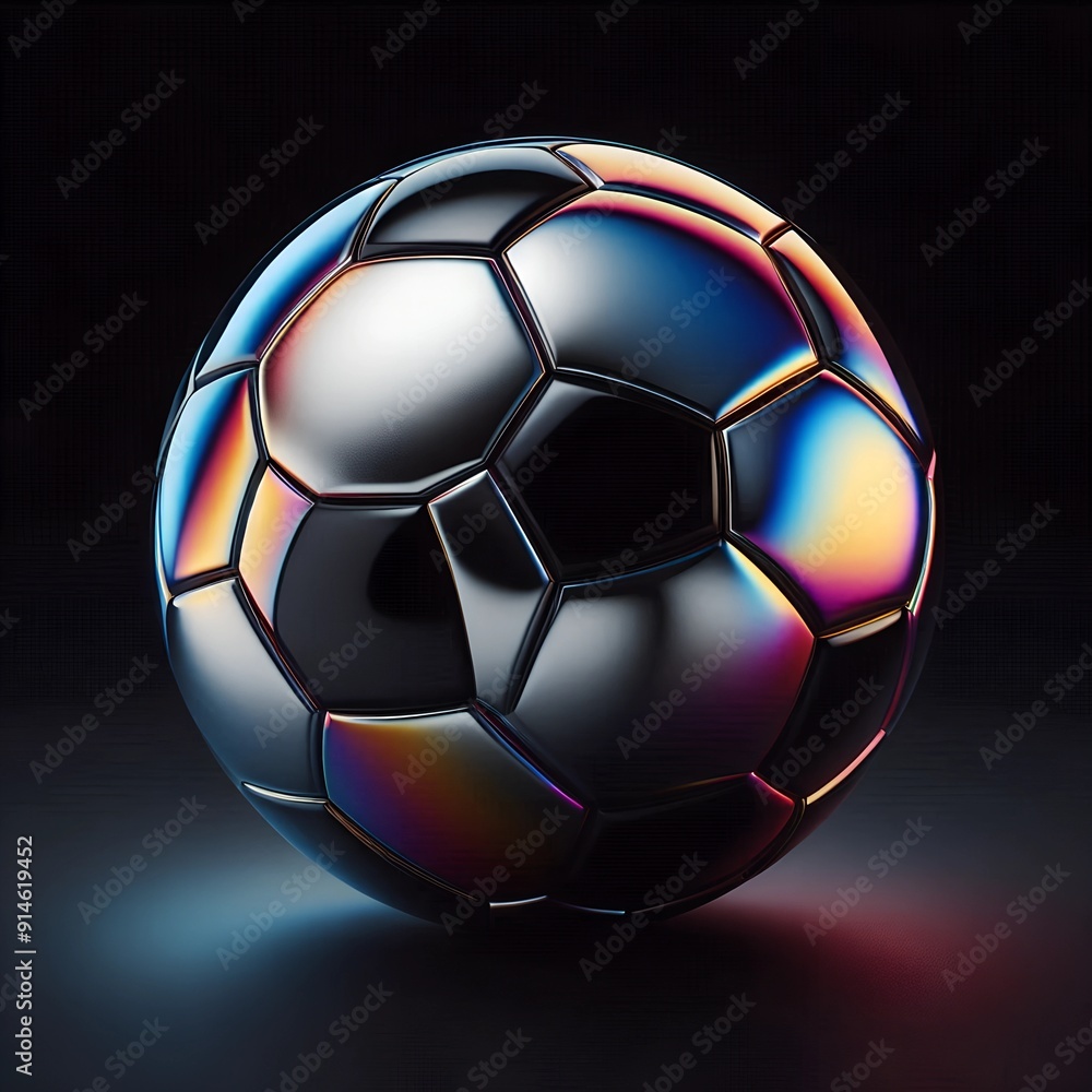Fototapeta premium Chromatic Metal Soccer Ball with Colorful Iridescence Gradient Reflections on Black Background