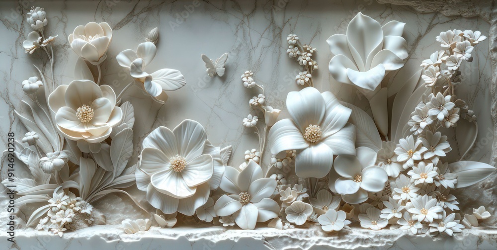 3D relief mural wallpaper with sculpted botanical garden scenes, including flowers, ferns, and butterflies. wall art, oil painting 3D relief mural wallpaper with sculpted botanical garden scenes, including flowers, ferns, and butterflies. wall art, oil painting