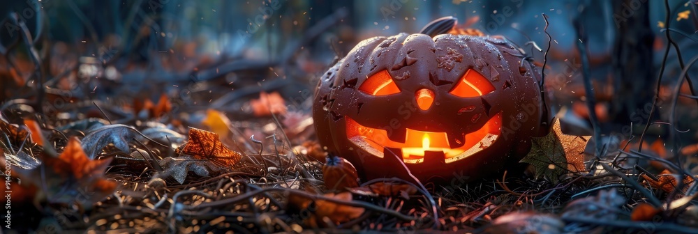 Fototapeta premium Halloween Pumpkin scarecrow carving a Jack o lantern