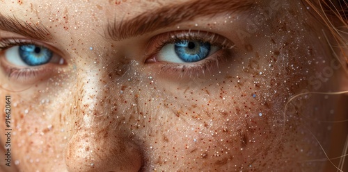 Close-up Portrait of a Woman with Blue Eyes and Freckles