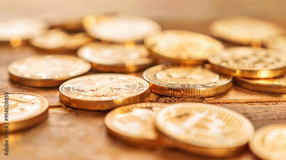 A close-up of gold coins scattered on a wooden table, reflecting light beautifully, highlighting their intricate designs A close-up of gold coins scattered on a wooden table, reflecting light beautifully, highlighting their intricate designs