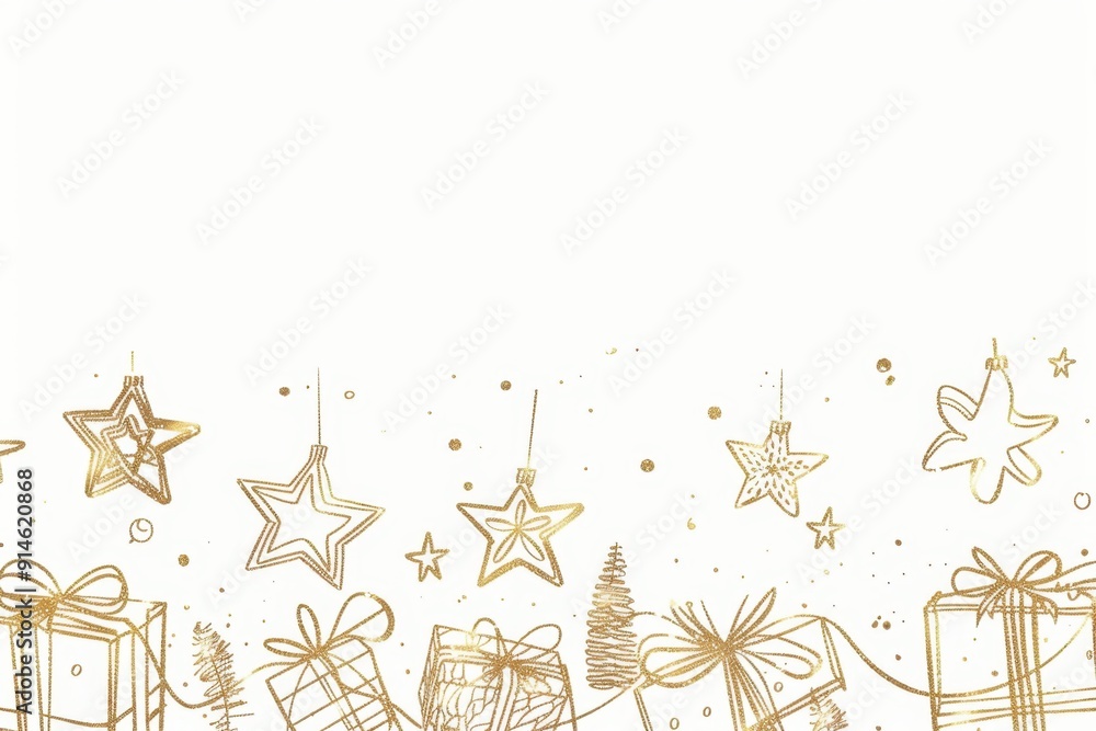 A white background with golden Christmas motifs along the bottom edge, featuring stars and presents in an elegant line art style Generative AI A white background with golden Christmas motifs along the bottom edge, featuring stars and presents in an elegant line art style Generative AI