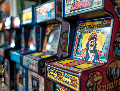 A row of arcade games with a man on the screen. The man is wearing a hat and has a menacing look on his face photo