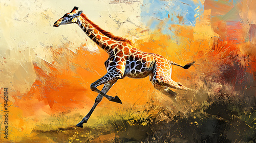 Artistic Style Painting of Giraffe A Running Giraffe Aspect 16:9