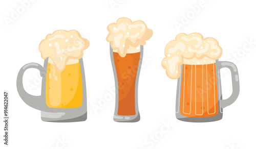 Cartoon collection of glasses filled with beer.Foaming drink in mugs  isolated on white background.Vector designs set for use in banner template,flyer,card,stickers.Beer festival flat illustration