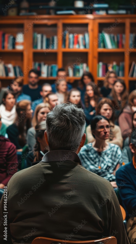 Obraz premium A speaker addresses a captivated audience in a library filled with books, creating an intimate learning atmosphere