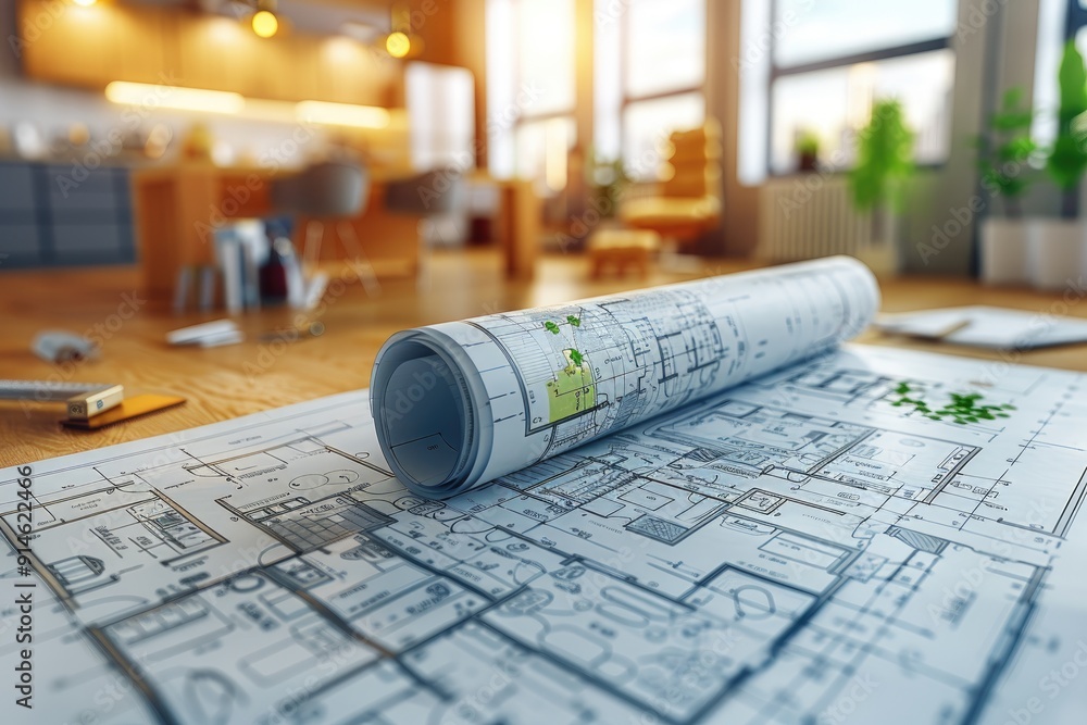 Rolled Up Blueprint on a Table with Blurred Kitchen Background Rolled Up Blueprint on a Table with Blurred Kitchen Background