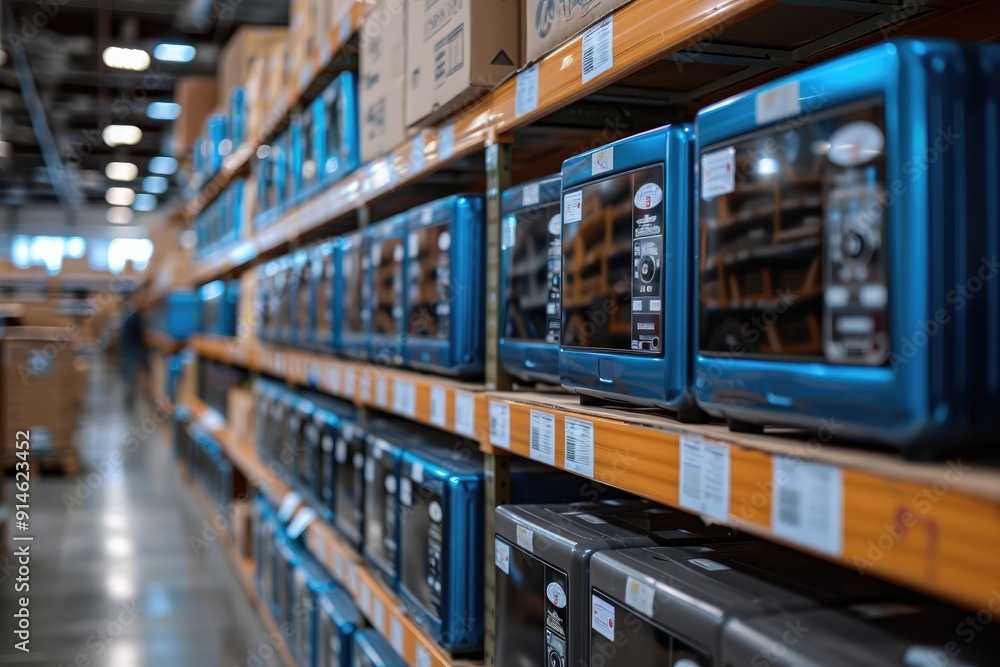 Rows of Microwaves on Warehouse Shelves Rows of Microwaves on Warehouse Shelves