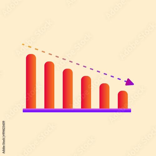 Graph bar chart with downward arrow, depiction of business losses and falling earnings, excellent for infographics and motion graphics on finance, business, markets, and bankruptcy.