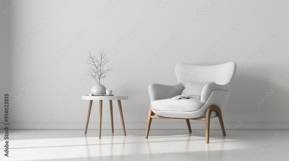 Fototapeta premium Comfortable chair and table on white backdrop