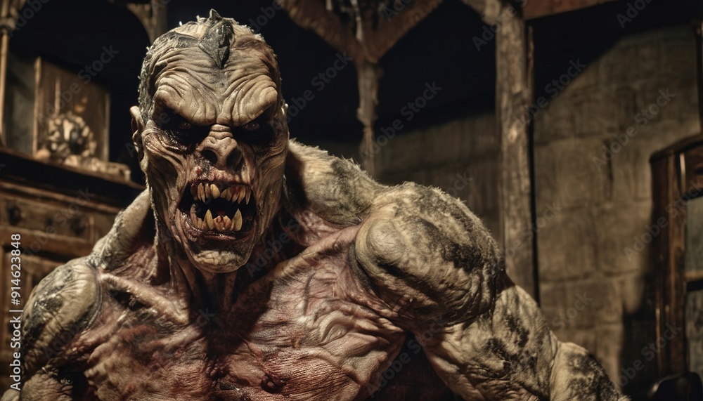 A monstrous creature with sharp teeth and menacing expression in a dimly lit environment A monstrous creature with sharp teeth and menacing expression in a dimly lit environment