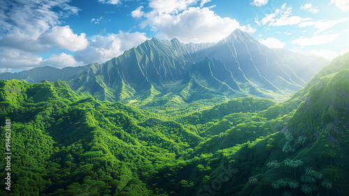 A green mountain blue sky mountain range, serene mountain wrapped in green with sky, mountain range, calm blue sky mountain, mountain heights greenery, embraced by open blue sky