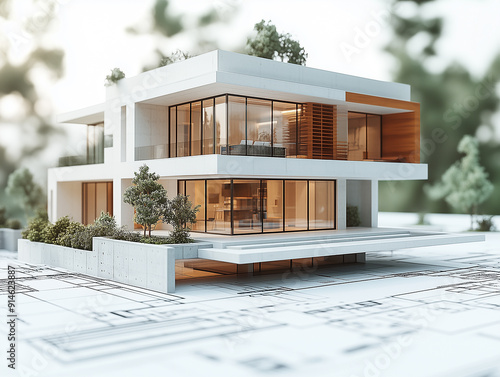 Modern architectural design of a minimalist house with large glass panels and green landscaping set in a serene environment