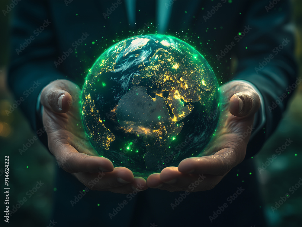 A person holding a glowing, green hologram representation of the earth at night in a natural setting A person holding a glowing, green hologram representation of the earth at night in a natural setting