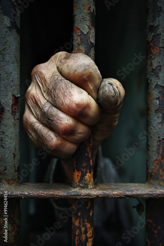 A weathered hand reaches through rusted bars, showcasing the struggle and confinement experienced by the individual in the dark cell