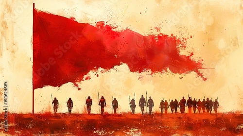 Ancient drawing in red and black ink with a nib on a papyrus of a Chinese army.