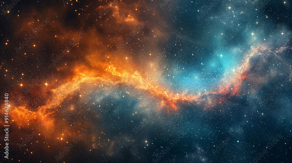 Fototapeta premium A colorful nebula glows in the vastness of space, showcasing a blend of orange, blue, and shimmering stars scattered throughout