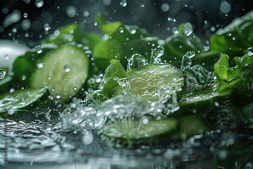 A close-up of several cucumber slices with water splashing on them and green leaves in the background A close-up of several cucumber slices with water splashing on them and green leaves in the background