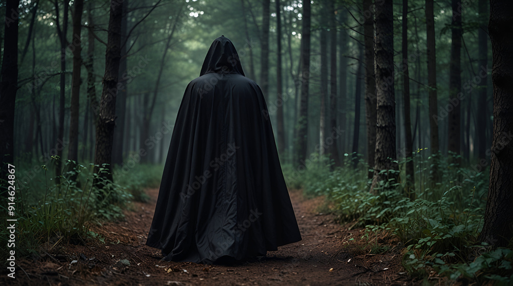 A shadowy figure in a hooded black cloak ventures into the mystical forest. An anonymous medieval witch treads softly on the woodland path
A shadowy figure in a hooded black cloak ventures into the mystical forest. An anonymous medieval witch treads softly on the woodland path