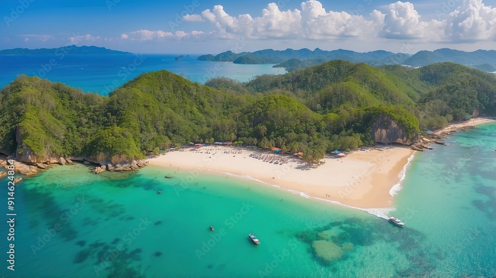 Palm trees sway on tropical beach. Palm trees sway on tropical beach.