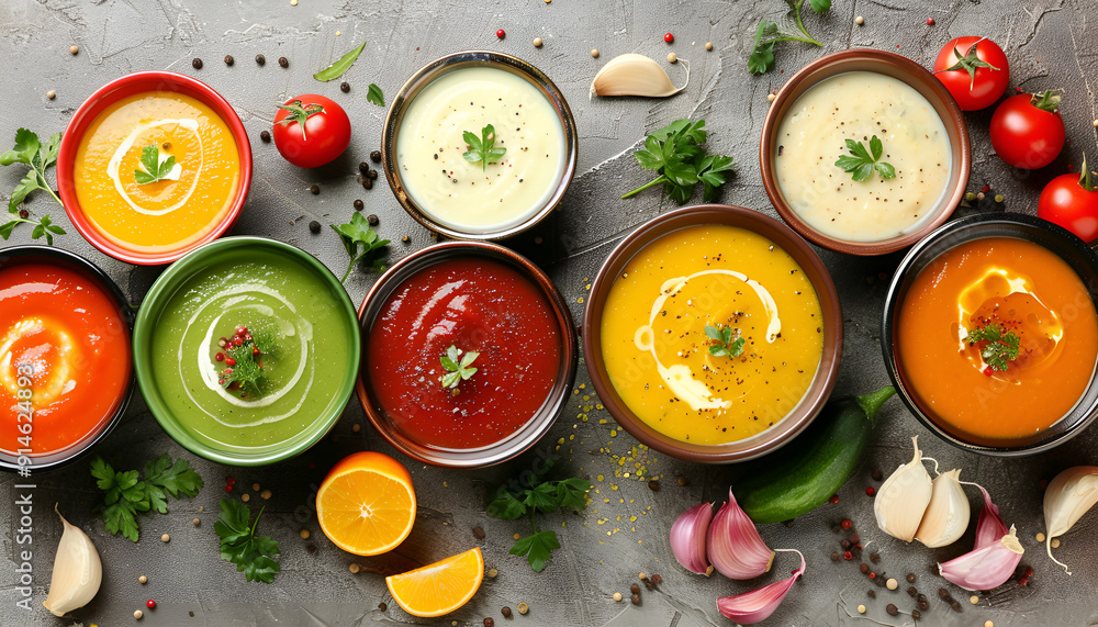 Variety of colorful vegetables cream soups and ingredients for soup. Top view. Concept of healthy eating or vegetarian food Variety of colorful vegetables cream soups and ingredients for soup. Top view. Concept of healthy eating or vegetarian food