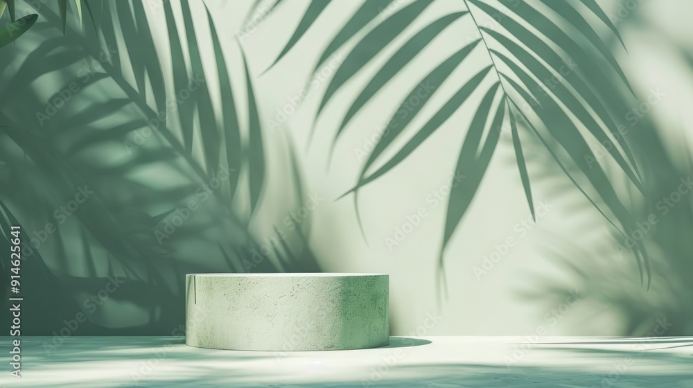 Simple abstract backdrop for a cosmetics presentation. Blank premium platform with palm leaf shadows on green. Display case. Simple abstract backdrop for a cosmetics presentation. Blank premium platform with palm leaf shadows on green. Display case.