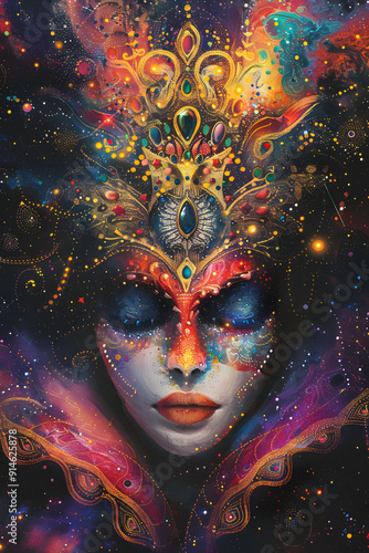 Colorful abstract face with cosmic and mystical details