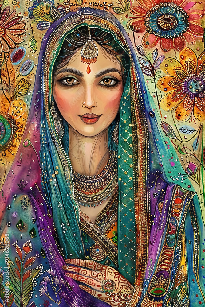 Colorful traditional Madhubani art from India of a woman in a sari on a ...