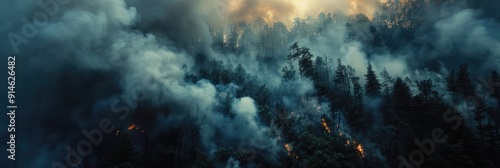 Vertical shot of smoke rising from a forest wildfire