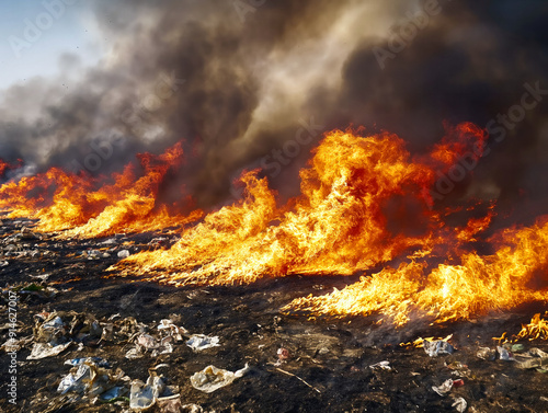 A field of trash is on fire, with the flames reaching high into the sky. The scene is chaotic and dangerous, with the fire spreading rapidly and threatening nearby areas