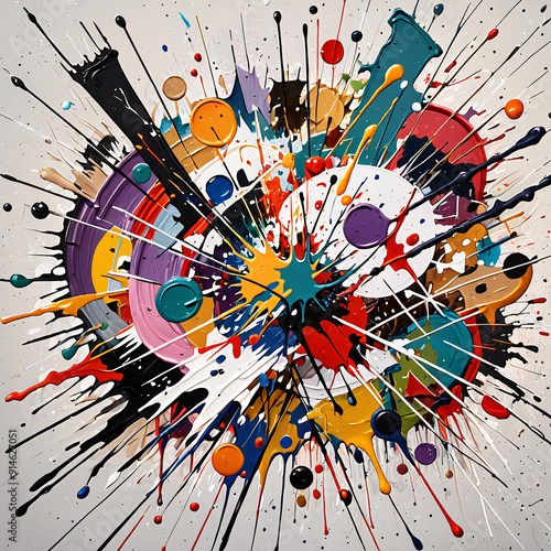 A chaotic abstract artwork with splashes of paint and random shapes