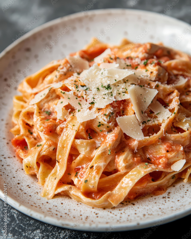 Fototapeta premium Chicken alfredo fettuccine with a thick and creamy light tomato sauce