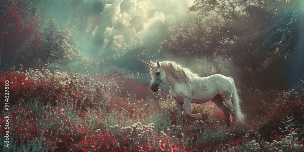 White unicorn in a field of red flowers. White unicorn in a field of red flowers.